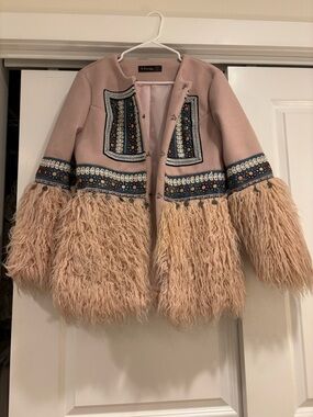 Embellished Pink Faux Fur Trim Jacket